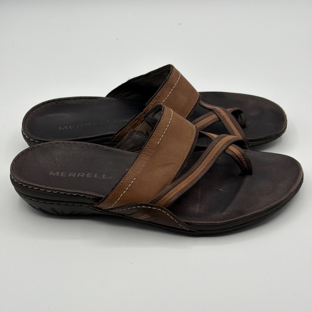 Merrell Mandolin Women Brown Leather Toe Loop Slide Sandals Size 8